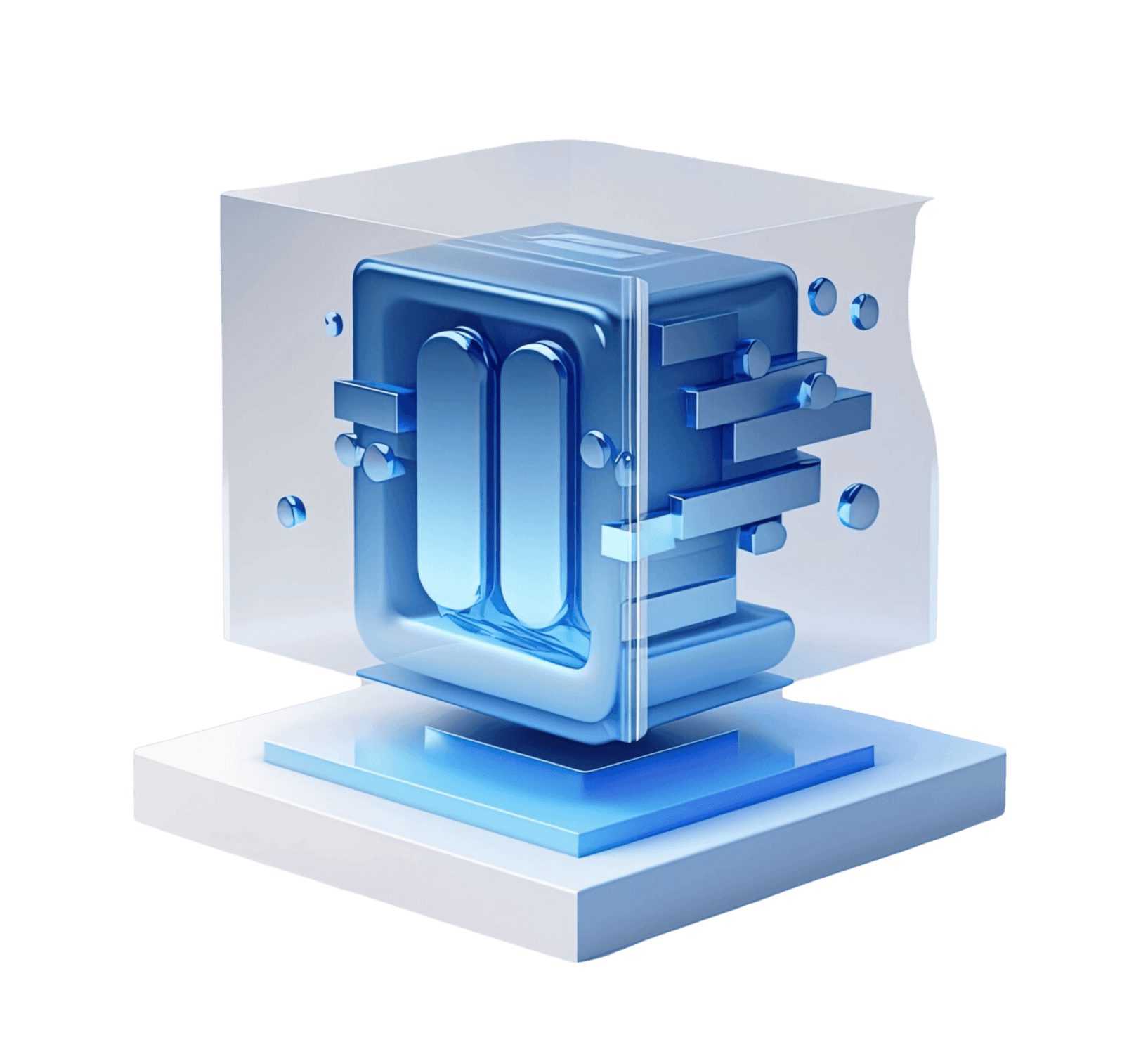 A blue, metallic object with geometric shapes, enclosed in a transparent cube.