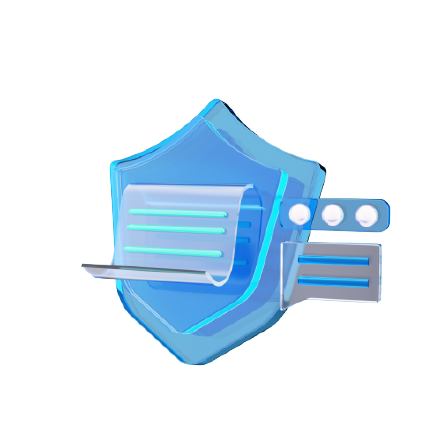A blue, translucent shield with a document and buttons.